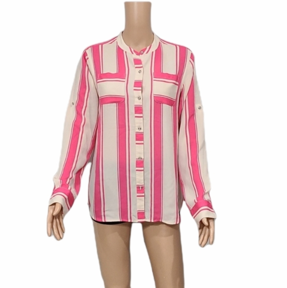 Banana Republic Womens Button Down Shirt Size S ‎ Pink/Cream  Roll-up Sleeves